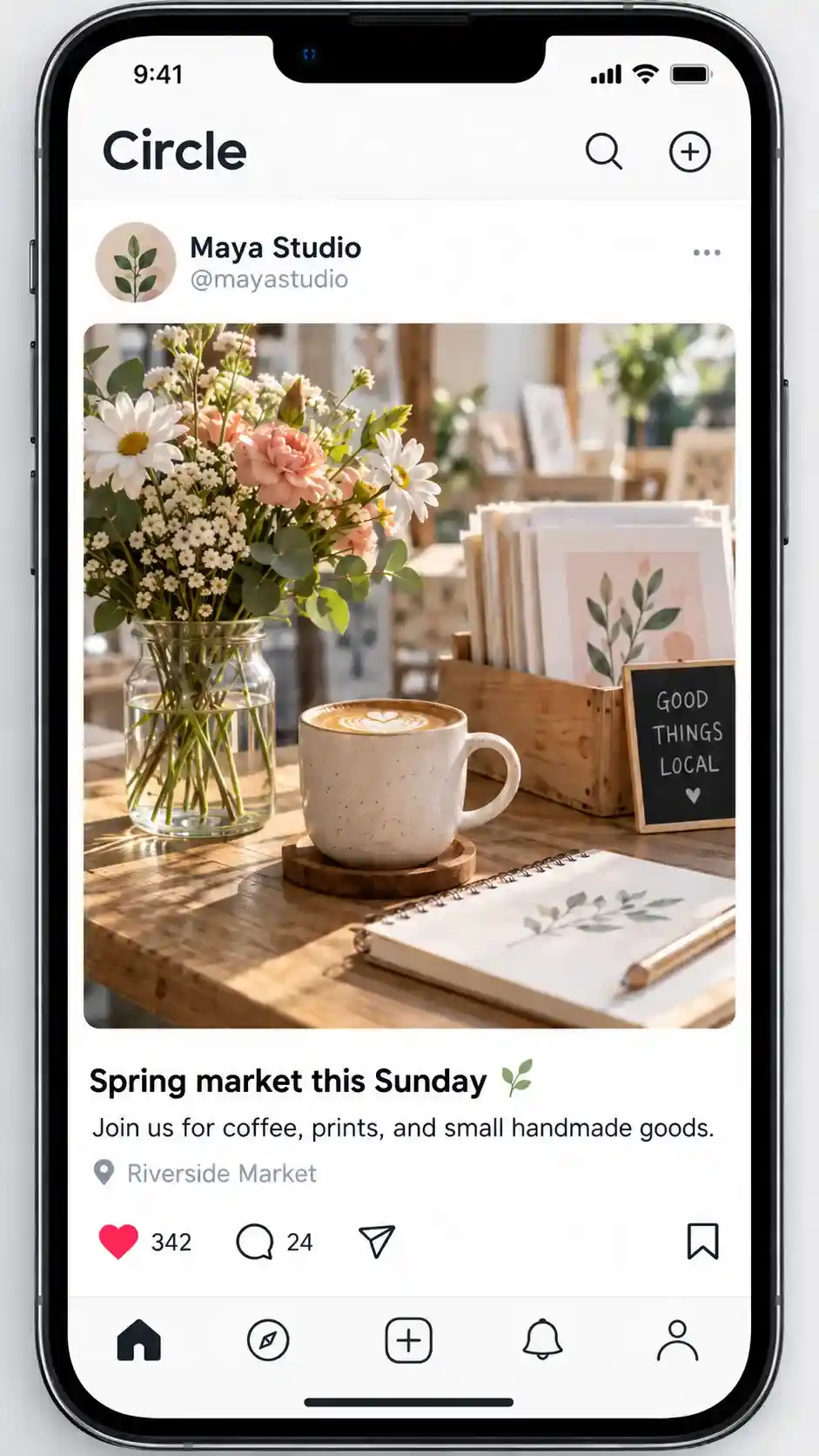 La misma publicación con el título cambiado a «Spring market this Sunday».